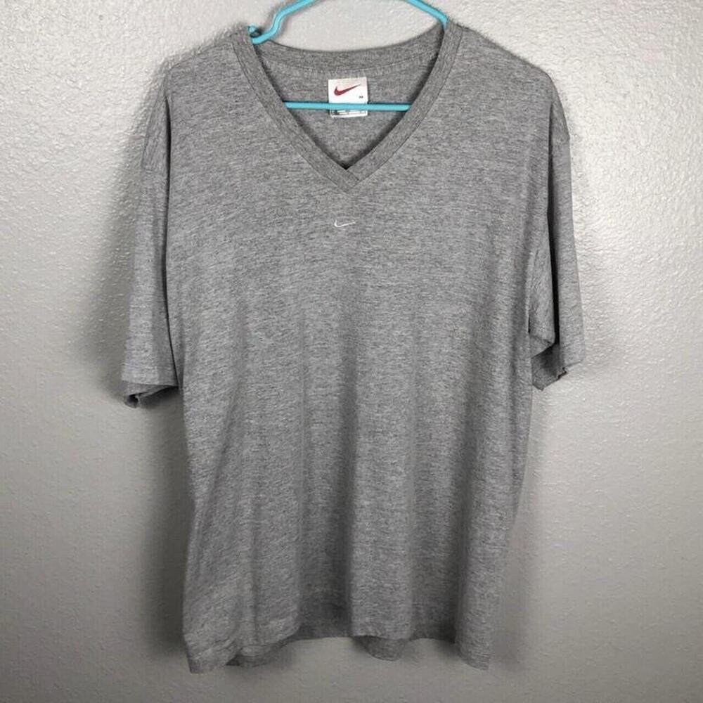 Vintage Nike Size Medium Grey Short Sleeve V-Neck Shirt Swoosh Logo *flawed*
